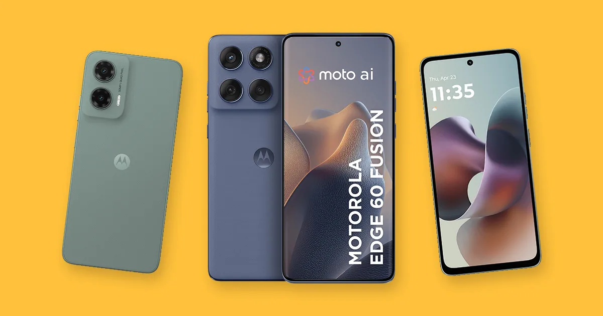 Três celulares Motorola, Moto G35 de costas, Edge 60 Fusion e Moto G56 de frente, sobre fundo âmbar