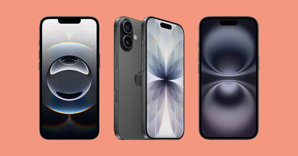iPhone 16e de frente, iPhone 17 em vistas frontal e traseira e iPhone 16 de frente, todos pretos, sobre fundo coral