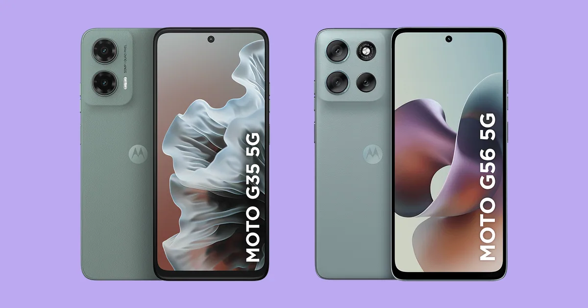 Moto G35 e Moto G56, cada um em vista frontal e traseira, sobre fundo lavanda