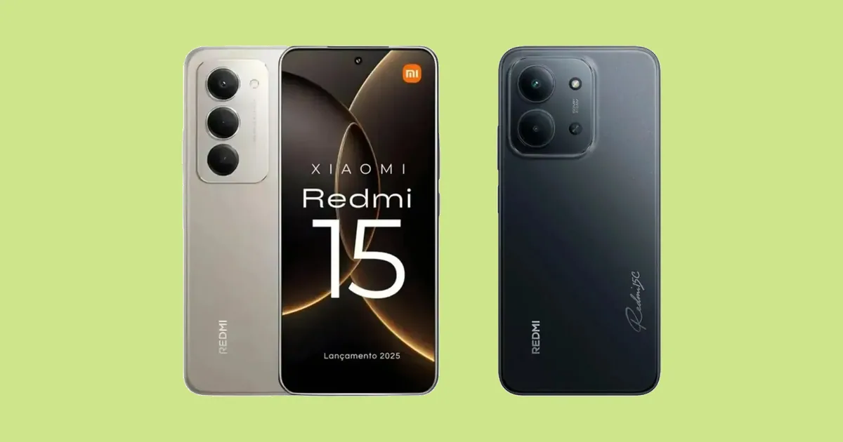 Redmi 15 Cinza Titan e Redmi 15C preto sobre fundo verde-limão